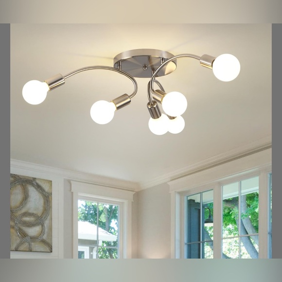 6-Lights Brushed Nickel Sputnik Chandelier Lighting, Modern Semi Flush Mount - Picture 1 of 1